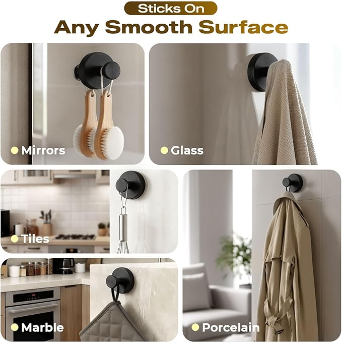 Upgraded Suction Cup Hooks for Shower, Heavy Duty Removable Towel Hooks for Bathroom Glass Door Wall, Stainless Steel Shower Hooks for Towel & Loofah (4 Pack, Black)