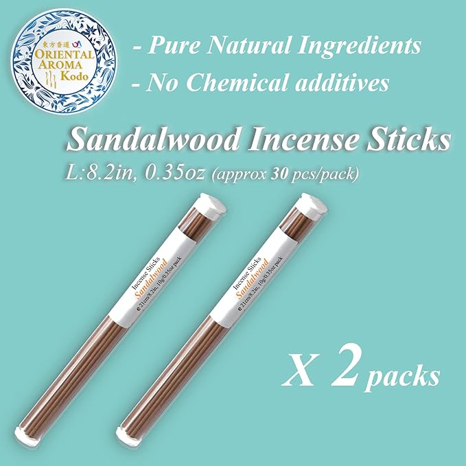 Sandalwood Incense Sticks L: 8.2in 0.35oz 2 Tubes Pack, Oriental Aroma Kodo, U-MATE, Pure Natural Ingredients No Chemical additives