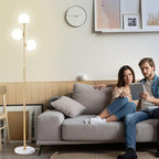 vallerico 3-Globe Mid Century Modern Floor Lamps for Living Room, Adjustable Height Standing Lamp with Marble Base, Gold Tall Lamp with Frosted Glass Shades, Pole Lamps for Bedroom, Bulbs Included