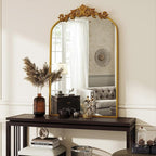 VooBang Vintage Arched Bathroom Mirror, 24x36 Inch Retro Wall Mounted Vanity Mirror with Carved Pattern Top and Metal Frame, Gold Decorative Mirror for Hanging or Leaning