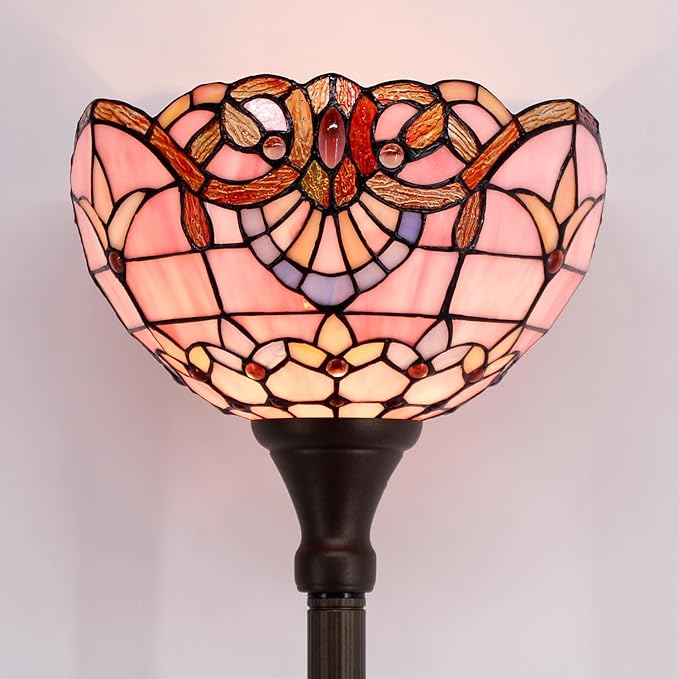 WERFACTORY Tiffany Floor Lamp Pink Baroque Stained Glass Light 12X12X71 Inches Pole Torchiere Standing Corner Torch Uplight Decor Bedroom Living Room Home Office S003P Series