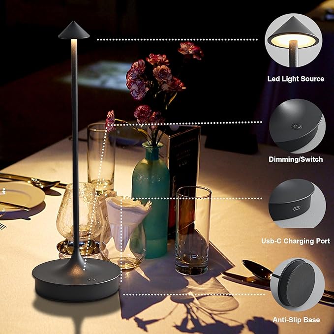 Cordless Table Lamps Rechargeable, LED Desk Lamp 4000mAh Battery Operated Outdoor Waterproof Portable Touch Dimmable Table Light for Patio/Restaurant/Bar/Indoor (Black-1PC)