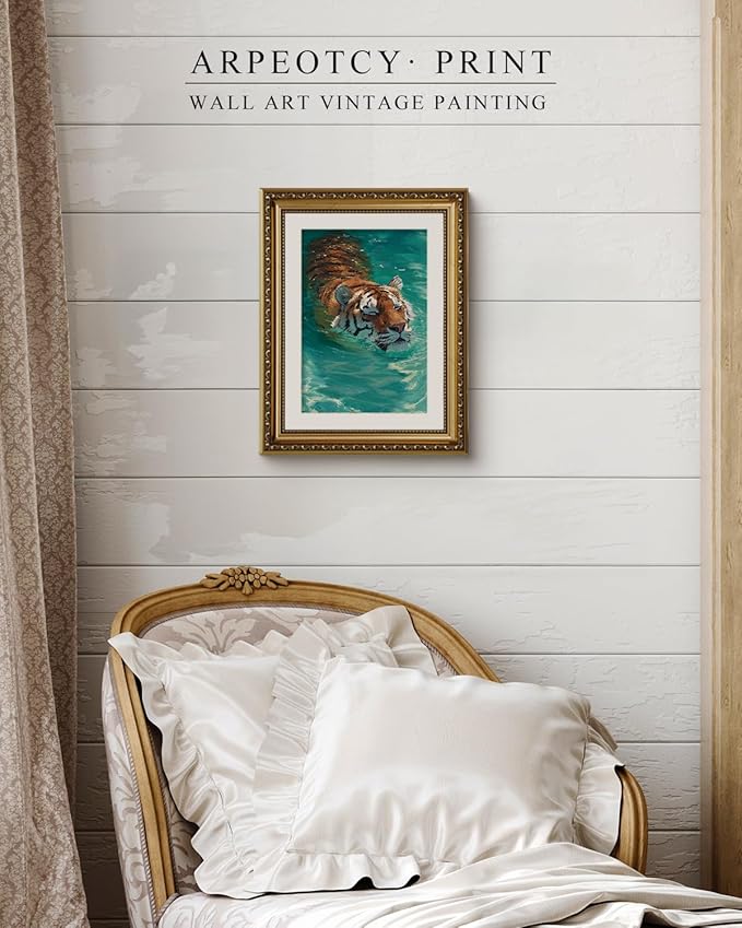 ARPEOTCY Gold Framed Canvas Wall Art, 11x14 Inch Swimming Tiger Painting, Vintage Wildlife Animal Artwork, Aqua Blue Nature Wall Decor for Living Room, Bedroom, Bathroom, or Office