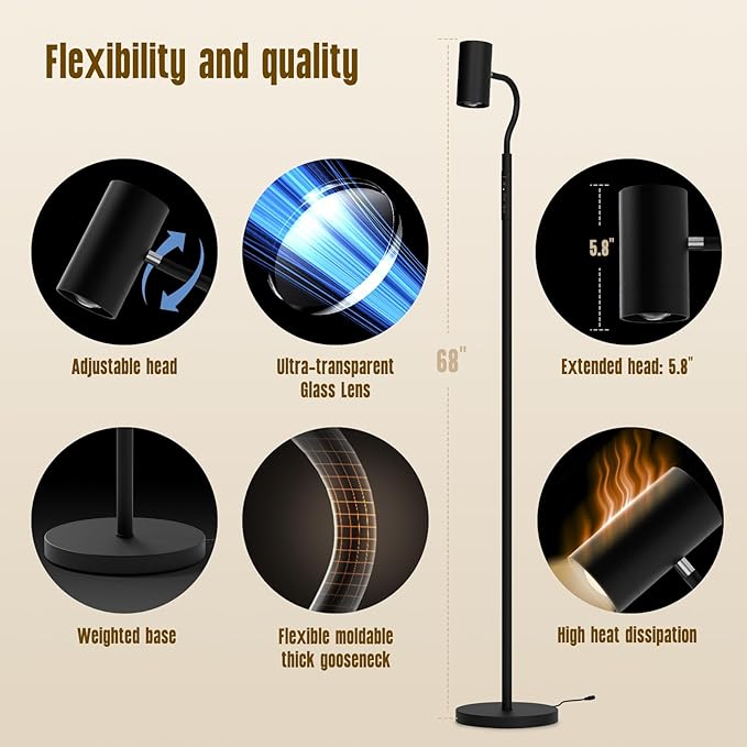 GLOWRIUM Reading Light Floor Lamp, 68 Inch Standing Lamp for Living Room with Reading & Mood Light, Dual-Head, 17W LED Stepless Dimming with Remote, Adjustable Height Gooseneck for Office Dining Room