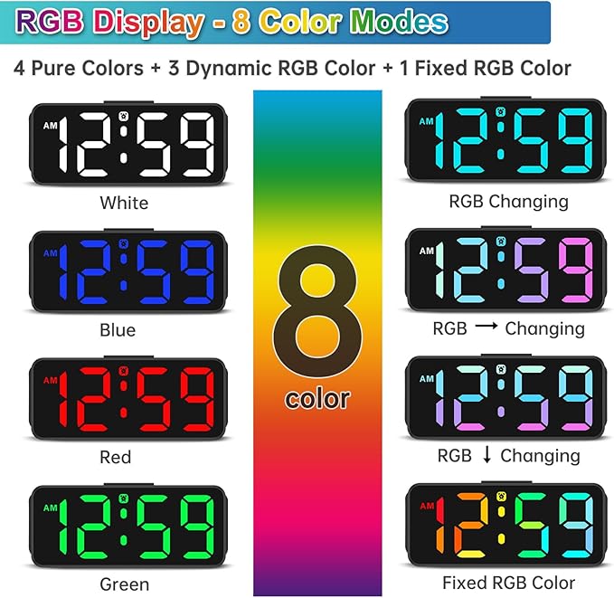 Peakeep Small Tiny Digital Alarm Clock Plug in for Kids Bedroom Bedside Nightstand, RGB Colorful Changing Large Display for Travel, Dimmable 6 Brightness, Corded Electric Battery Backup (Black - RGB)