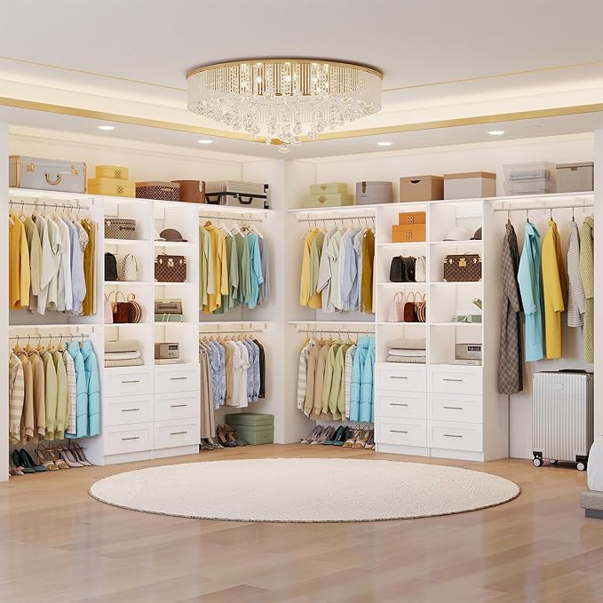 Closet System with Drawers, 8FT-12FT Closet Organizer System 96" -154.5" Walk in Wood Closet Storage System with Shelves Hanging Rods Corner Wall Mount, 2 Set