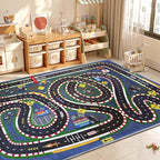 Kids Rug,Children's Room Rug,Road Race Play Rugs, Rail City Living Rugs, Washable Non-Slip Play Mats. (Dark Blue, 47x71in)