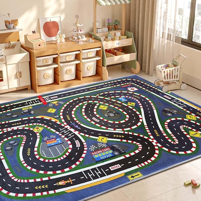 Kids Rug,Children's Room Rug,Road Race Play Rugs, Rail City Living Rugs, Washable Non-Slip Play Mats. (Dark Blue, 47x71in)