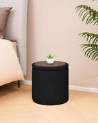 Round Ottoman with Storage, Boucle Foot Rest Stool with Reversible Tray Lid, Folding Teddy Ottoman Coffee Table for Dorm Living Room Bedroom Entryway, Black,13" x 13" x 13.8"