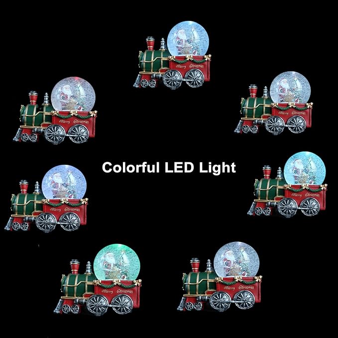 Christmas Snow Globe with Light up and Musical Snowflakes Holiday Decoration, 5.9 Inch Height Santa Claus Train Resin Snowglobe, Christmas Holiday Indoor Decor.