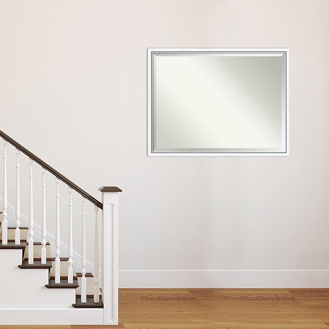 Amanti Art White Wall Mirror 32x42 Morgan White Blue Rectangle Bathroom Mirror for Wall Decor Living Room, X-Large Modern Wood Frame, Hangs Horizonally and Vertically, Bathroom Decor, Beveled Edge