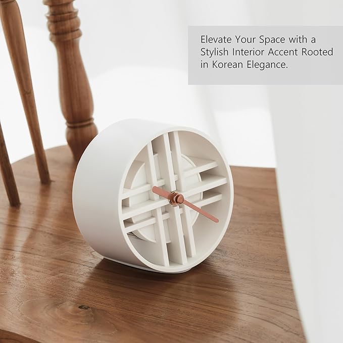 AonT Design Modern Desk Clock (Korean Lattice Pattern) Silent Analog Minimalist – Made in Korea Decorative Shelf Clock for Table and Living Room Decor (White)