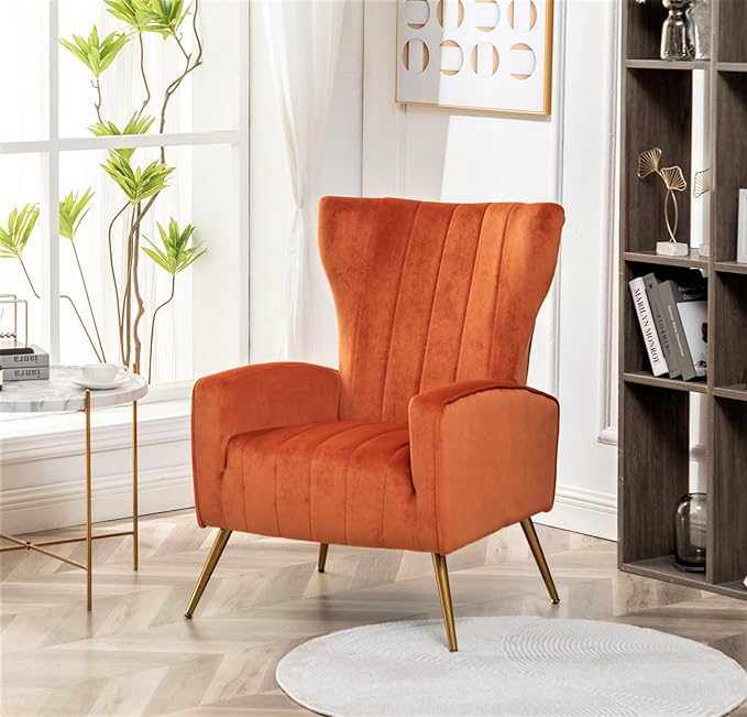 Modern Velvet Accent Chair, Channel Tufted Bedroom, Office or Living Room Furniture with Elegant Metal Legs, 26" Wide Armchair, Orange Red