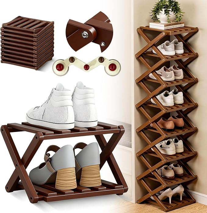 The 9-Tier No-Assembly Bamboo Rack, 2026 Upgraded Foldable 9 Tier Bamboo Corner Shoe Rack, Space-Saving Organizer for Shoes, No Assembly Narrow Shoe Shelf for Entryway Closet Dorm (Brown, 2 Layers)