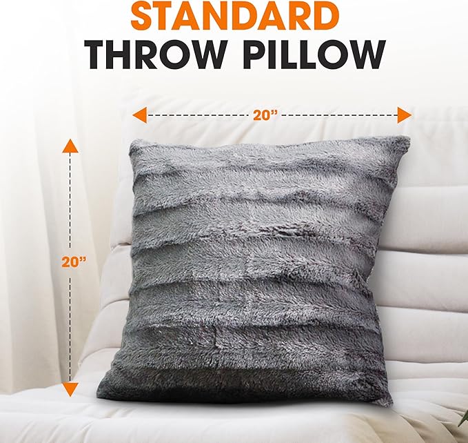 Cheer Collection Faux Fur Throw Pillows - Decorative Pillows for Couch, Bed Throw Pillows, Grey Accent Pillows for Bedroom or Living Room Aesthetic, Set of 2 Furry Throw Pillows, 20" x 20"