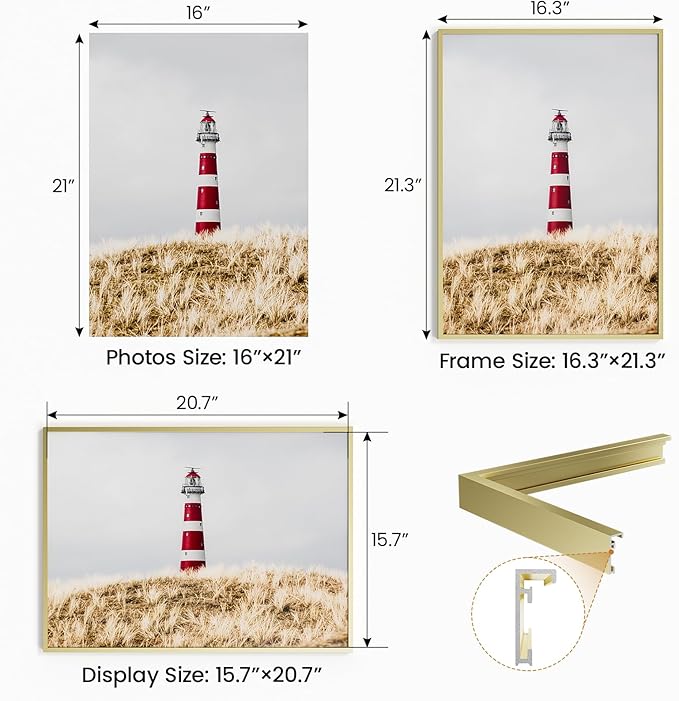 16x21 Aluminum Metal Picture Frame,Tempered Glass Gold Photo Frame 16x21 for Family Photo,Posters,Art,Document to Wall Mount Horizontally or Vertically