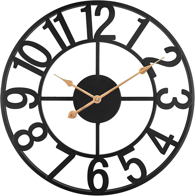 Wall Clock, 14 Inch Silent Battery Operated Wall Clocks for Living Room Decor, Modern Farmhouse Vintage Black Metal Indoor Outdoor Large Analog Clock for Bedroom, Kitchen, Patio - Black