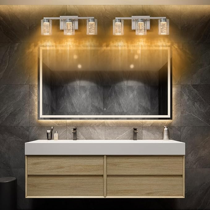 SineRise 3-Light Brushed Nickel Vanity Light with 3 Color Modes (3000K/4000K/6000K), Eye Protection LED Bathroom Light Fixture, Dimmable Modern Wall Light Over Mirror with Clear Glass Shade