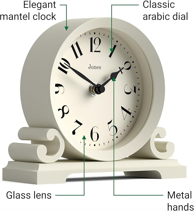 JONES CLOCKS® Saloon Mantel Clock | Traditional Double Scroll Design | Pale Cream | Contemporary Classic Style for Desk, Table, Shelf or Bedside