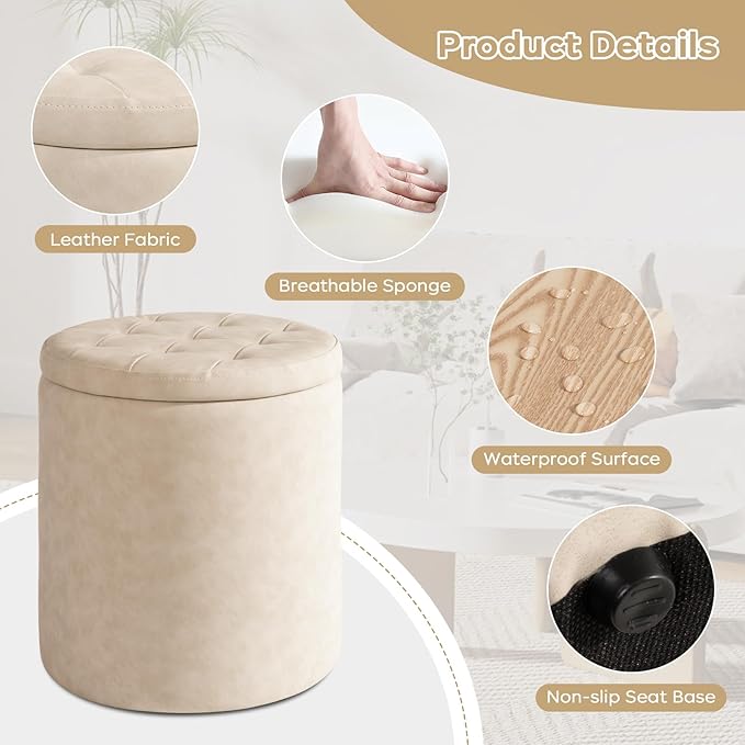 Faux Leather Round Ottoman with Storage 12.6" W x 14.17" H & 14.76" W x 17.32" H Set of 2, Small Boucle Coffee Table Footstool with Removable Lid for Living Room, Bedroom, Beige