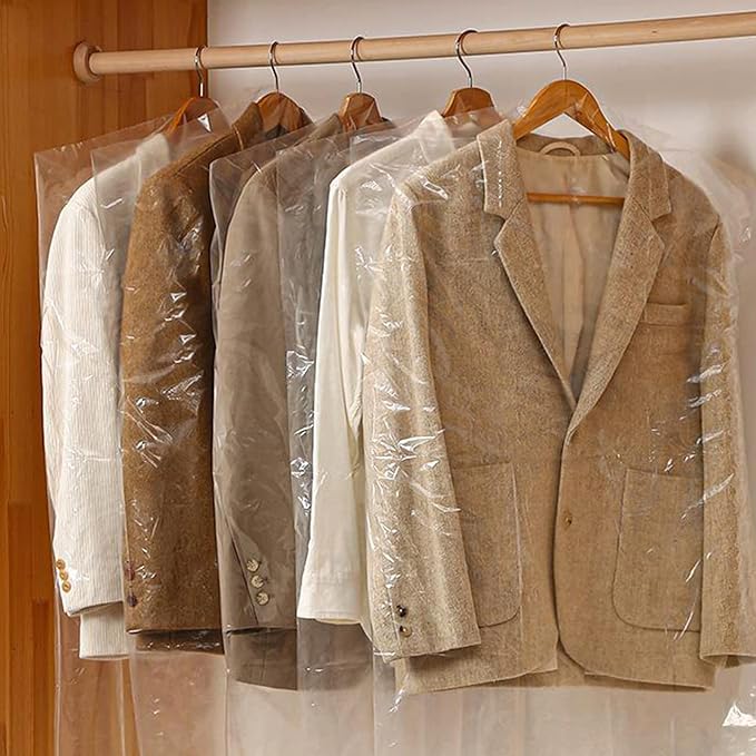 AVLA 50 Pack Plastic Garment Bags, Clear Hanging Dry Cleaner Bags, Transparent Hung Clothes Dust Cover, Lightweight Protector Bags for Closet Clothes Storage, Coat Suit Bag for Home, Laundry