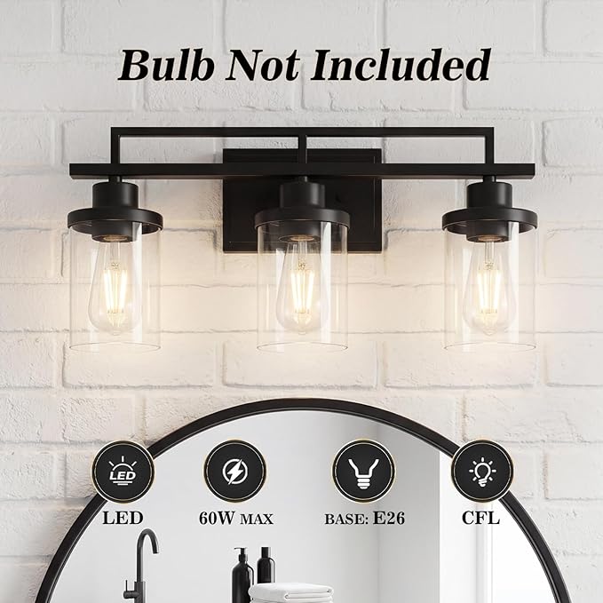 Emliviar 20.8 Inch Modern Bathroom Light Fixture in Black Finish, 3-Light Vanity Lighting Fixture with Clear Glass Shade, E26 Base, YCE238B-3W BK