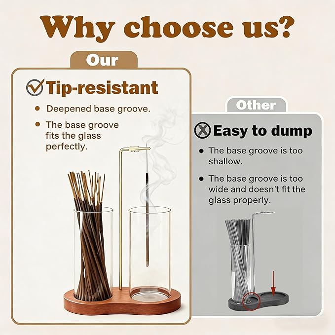 Incense Holder for Sticks 2 in 1 Incense Burner Holder with Storage & Ash Catcher Wooden Base, Glass Vessels, Metal Clip for Meditation, Yoga, Spa, Home & Garden Decor (Two Bases Included)