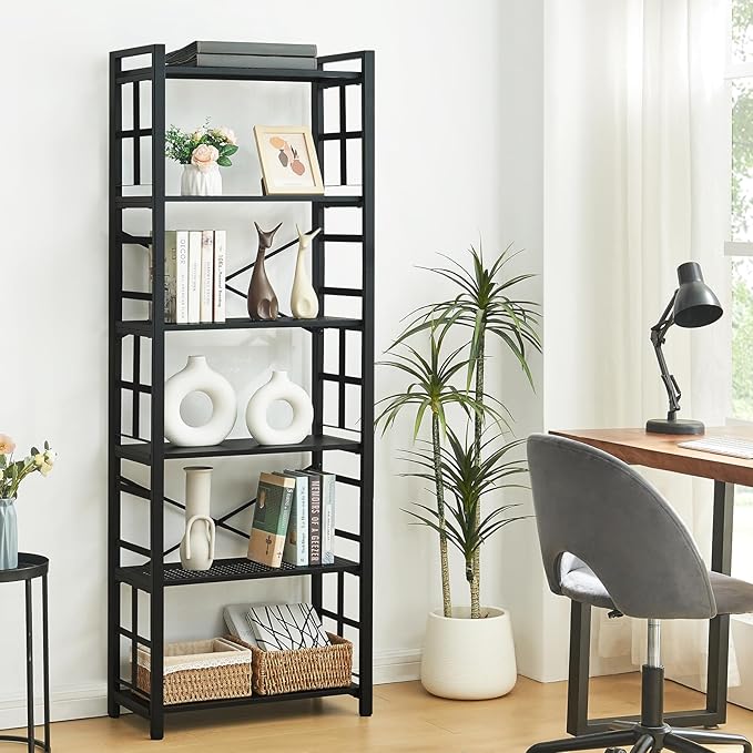 HOMBAZAAR 6 Tier Bookshelf,70 inch Tall Industrial Bookcase with Metal Frame and Open Shelves,Rustic Heavy Duty 6 Shelf Bookcase, Office Book Shelves for Living Room and Bedroom,Black