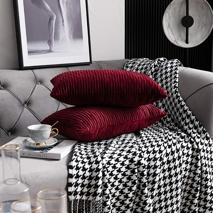 Burgundy Throw Pillow Covers: 2 Pack 12x20 Inch Original Striped Velvet Rectangular Decorative Pillow Cases for Farmhouse Couch