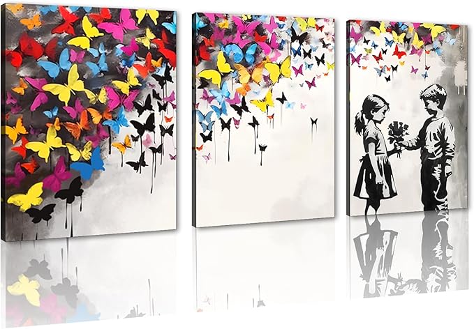 Novatique Banksy Canvas Wall Art for Bedroom Street Graffiti Wall Art Colorful Butterfly Painting Canvas Prints Pop Art Wall Decor for Living Room Office,12" x 16" x 3Pcs