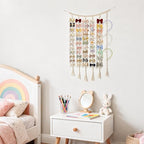 Dahey Macrame Bow Holder Hanging Hair Bow Organizer for Baby Girls Boho Wall Decor Handmade Headband Holder with wood beads Storage Hair Clips for Baby Nursery Room,1 PCS, Clips and Bows Not Included