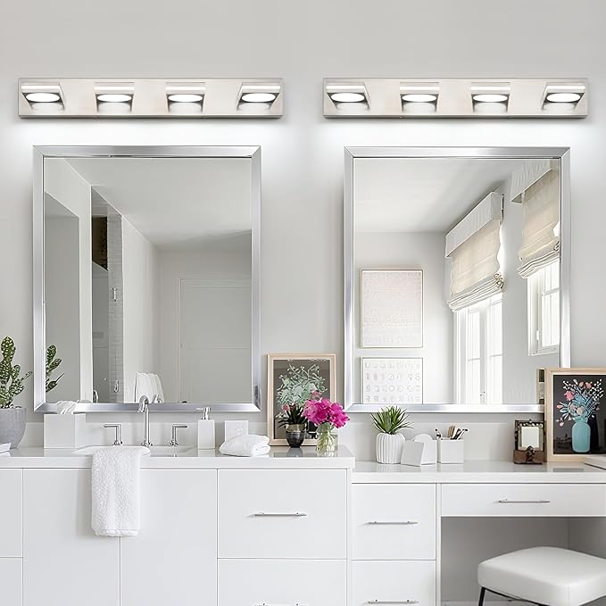 OKELI LED Modern Bathroom Vanity Light Fixtures (4-Light, 30-Inch), Brushed Nickel Acrylic Bathroom Wall Lighting Fixtures Over Mirror, 3CCT, ETL Listed, Dimmable