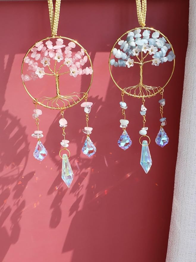 CrystalTears Rose Quartz Crystal Tree Life Hanging Ornament for Wall Window Home Room Decor, Pink Feng Shui Healing Crystals Gemstone Glass Suncatcher Car Ornament, Crystal Gifts for Women Christmas