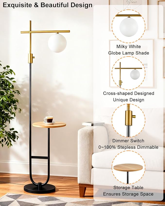 Lightdot 66IN Gold&Black Dimmable Floor Lamps with Table, Modern Standing Tall Lamp with Globe Shade, Cross-Shaped Head and U-Pole Base for Living Room/Bedroom/Sofa Beside/Corner Decor(Bulb Included)