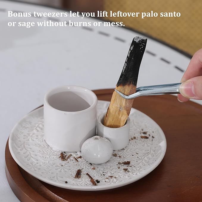 5 in 1 Incense Holder Burner, 5.9" Ceramic Holder for Burning Palo Santo Sage Candle and Incense Sticks Cones, Ash Catcher Tray for Meditation Room Home Décor(White)