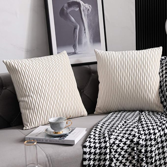 Ivory White Couch Pillow Covers: 2 Pack 22x22 Inch Original Striped Velvet Square Throw Pillow Cases for Farmhouse Home Decor