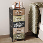 Tohomeor Vintage Dresser Vertical Nightstand with Neutral Botanical Plant Fabric Chest Drawers for Closet Bathroom Storage Tower Unit Bed Side Organizer Farmhouse Rustic (Multi, 5 Drawers)