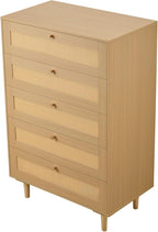 VEVOR 5 Drawer Rattan Dresser, 46" Tall Dresser for Bedroom, Boho Dresser Chest of Drawers with Gold Handles & Wooden Legs, Wood Clothing Storage Closet for Nursery, Living Room, Hallway, Natural Oak