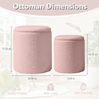 Royal Windsor Boucle Round Ottoman with Storage Set of 2,Small Foot Stool Ottoman for Living Room, Small Coffee Table,Vanity Stool with Storage for Bedroom, Pink