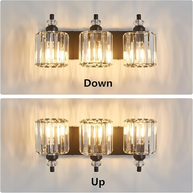 3-Light Black Bathroom Light Fixtures Over Mirror Modern Vanity Lights Crystal Wall Sconce Vintage Bathroom Lighting with Crystal Shade E26 Base for Bedroom, Living Room, Hallway