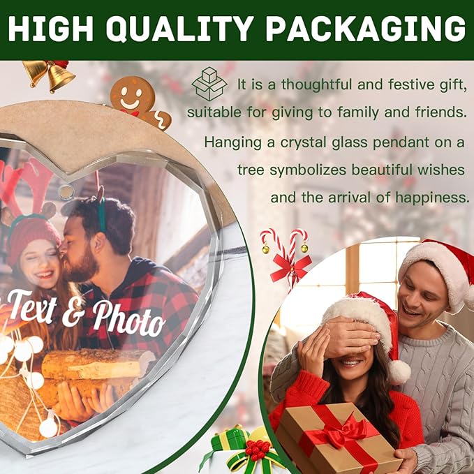 Personalized Christmas Crystal Ornaments Custom Heart Photo Ornament 2024 Customized Christmas Ornament Personalized First Christmas Keepsake Gifts for Couples Family Friends Xmas Decor