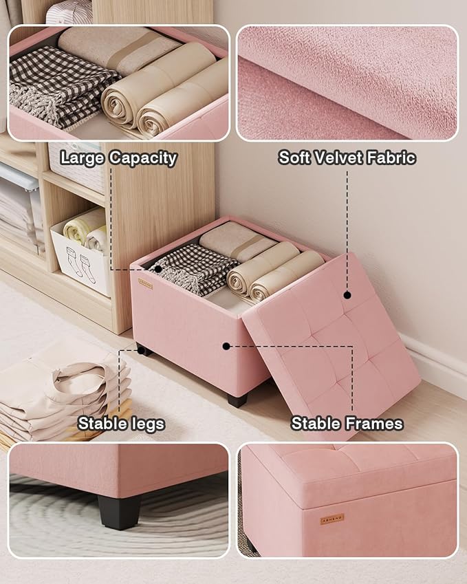 17.7 inches Velvet turfed Ottomans Cube with Legs, Metal-Framed Square Storage Ottoman Foot Rest Stool Holds 770 LB for Dorm Living Room Bedroom Pink UASND64P