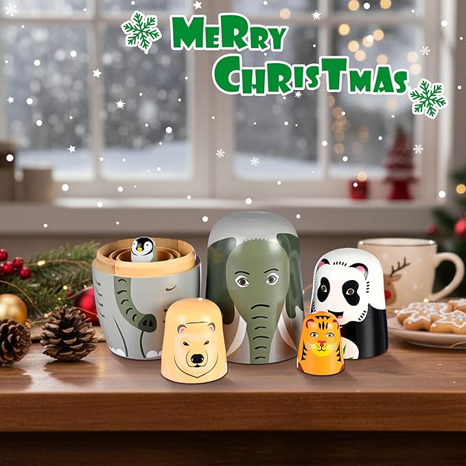 Gejoy Russian Nesting Dolls for Kids Handmade Matryoshka Wooden Stacking Toys Nesting Dolls Collectible Gifts for Winter Christmas Holiday Present Boys Girls Adults Home Decor(Elephant Animal)