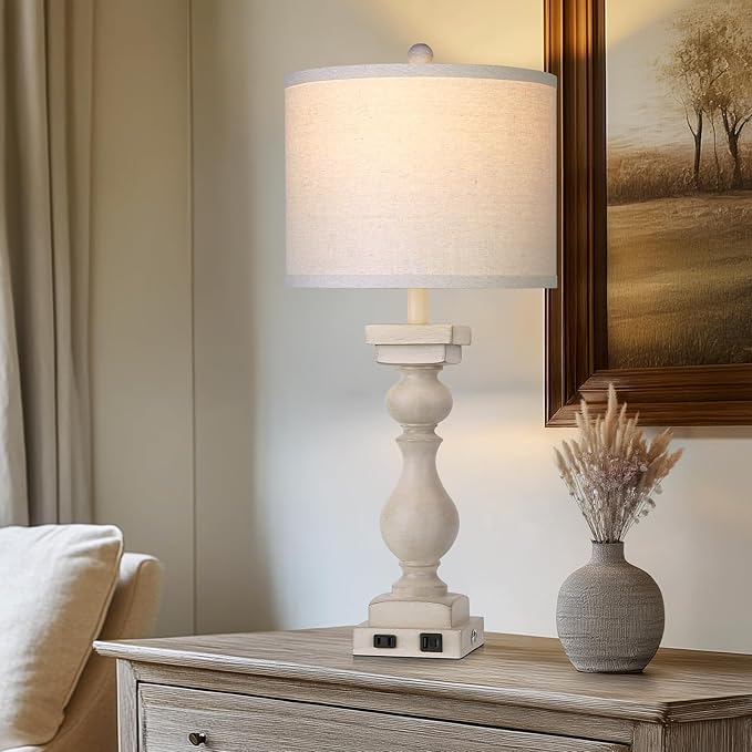 28" Tall Farmhouse Table Lamps Set of 2 with USB C+A Ports and AC Outlet, 3 Way Touch Tall Rustic Bedside Lamps for Living Room, Cream Vintage Lamps for Bedroom