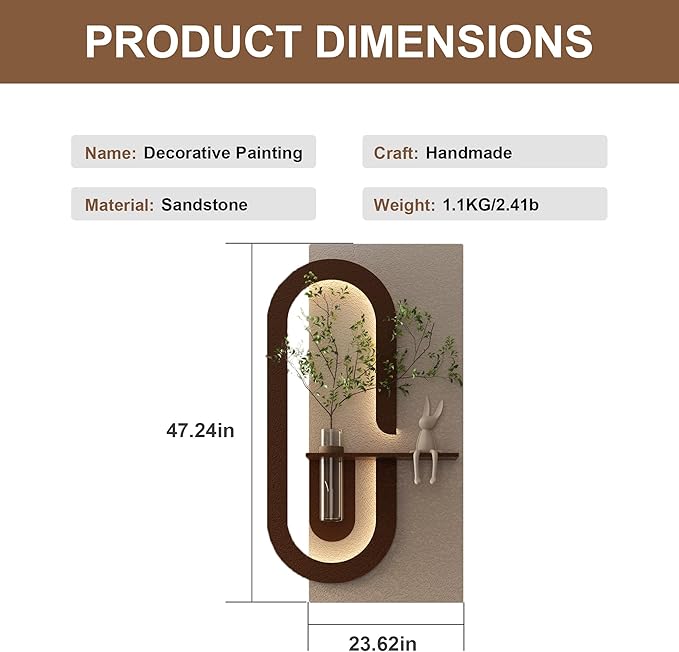 LED Sandstone Wall Decor, 3D Wall Art Sculpture, Simulated Green Plants, Glass Vase & Rabbit Statue, Remote Control 3 Color Light, for Living Room, Bedroom, Hallway(Light Coffee,47.2 * 23.6in)