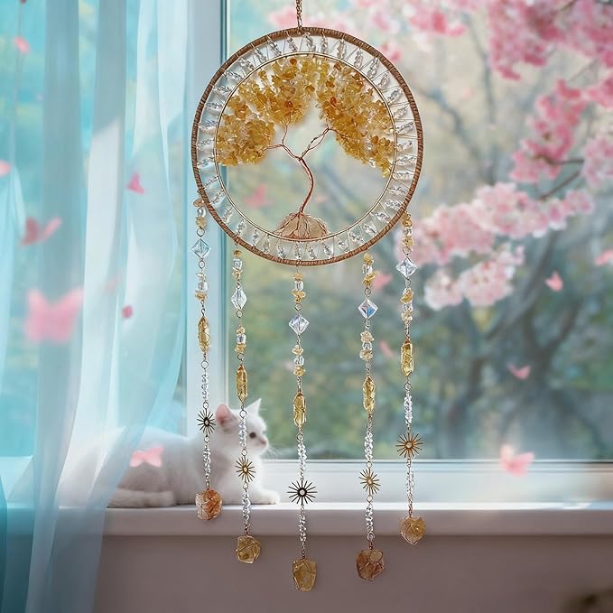 Crystal Tree of Life Dream Catchers with Stone Pendant Yellow Dream Catcher Wall Decor Handmade Dreamcatcher Wall Hanging Ornament for Bedroom Living Room Home Decor