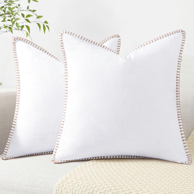decorUhome Spring Chenille Soft Cozy Throw Pillow Covers 20x20 Set of 2, Modern Farmhouse Boho Velvet Decorative Pillow Cases with Stitched Edge for Couch Sofa Bed Home Decor, White