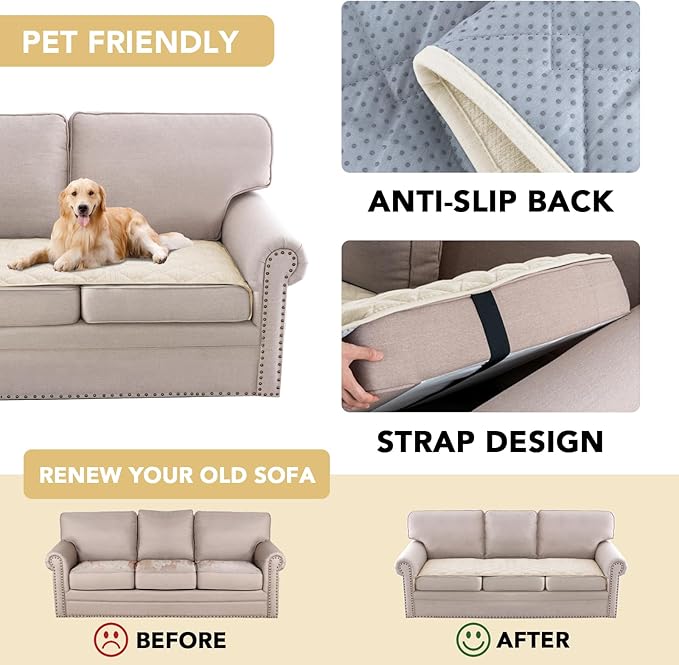 H.VERSAILTEX Couch Cover Chenille Pet Fuzzy Sofa Covers for 3 Cushion Couch Anti Slip Washable Sofa Slipcovers with Strap Soft Couch Protector Cover for Dogs Cats Kids(27.6" x 82", Ivory)