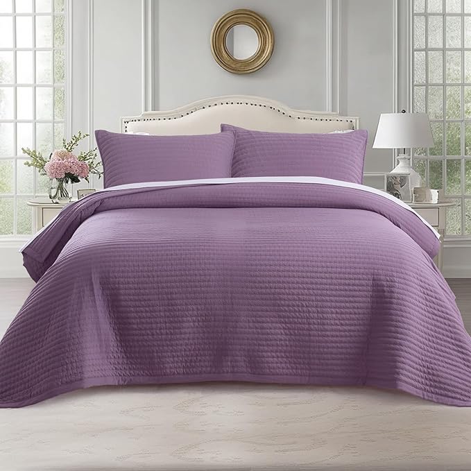 KASENTEX Queen Quilt Set 90"x90" – Soft Washed 3-Layer Lightweight Bedspread, Minimalist Nordic Design, All-Season Spring & Summer Quilt Set (1 Quilt + 2 Pillow Shams),Grape Jam Purple