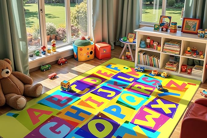 Booooom Jackson Kids Rug ABC Educational Rugs, 4'11x6'7'' Non-Slip Alphabet Carpet Preshool Rug for Kidsroom, Playroom, Daycare, School, Classroom, Yellow